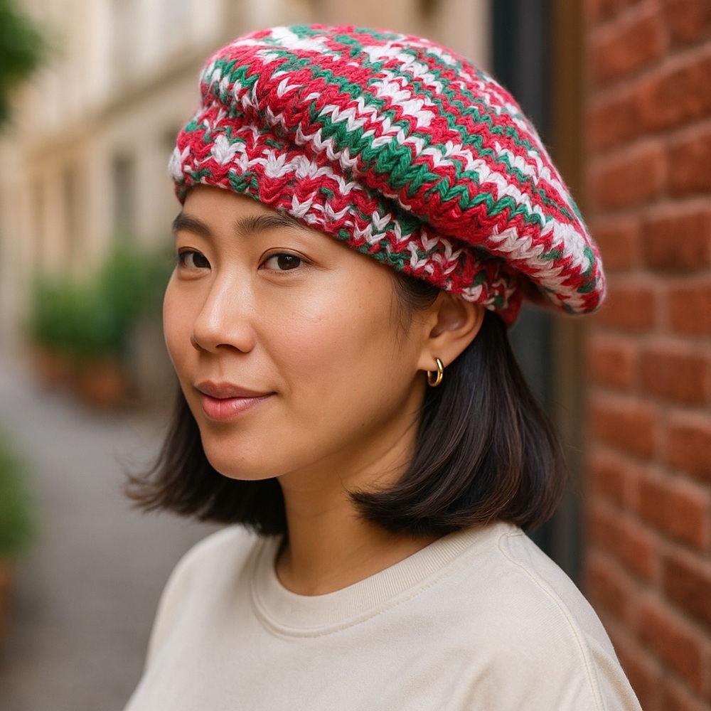 Beanie Hat Beret Hand Crafted Knit Red Green White Christmas Holiday